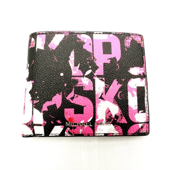Michael Kors Cooper Graphic Billfold Designer Wallet Pink/Black/Red Leather - Picture 2 of 5